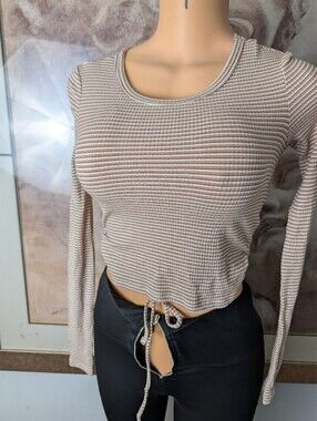 Five Star Beige and Rust Striped Ribbed Tie-Waist Crop Top Size S